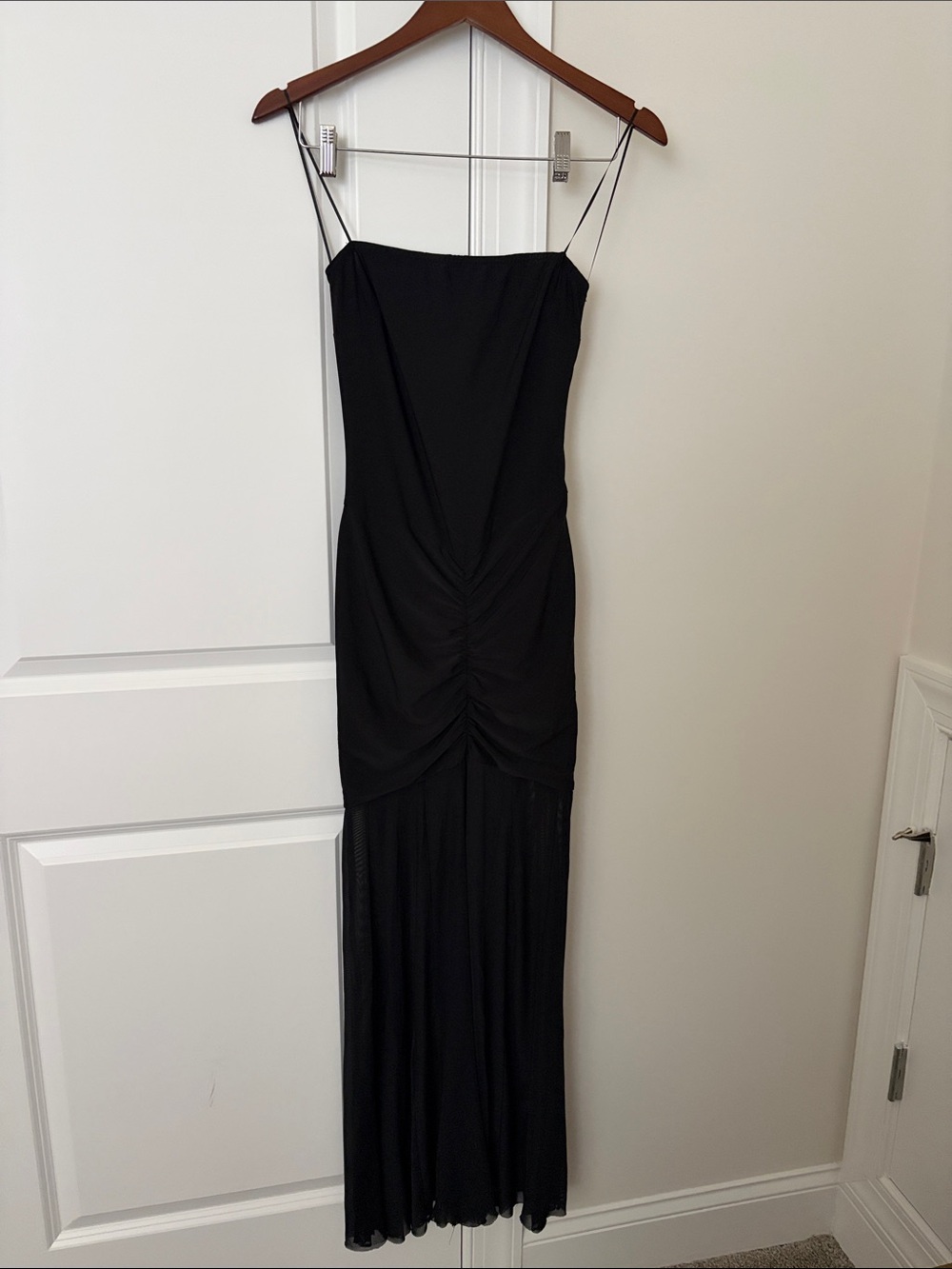 Vici Black Spaghetti-Strap Ruched Maxi Dress